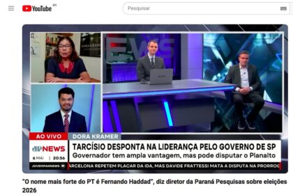 Jovem Pan cita pesquisa realizada pela Paraná Pesquisas no Estado de São Paulo.
