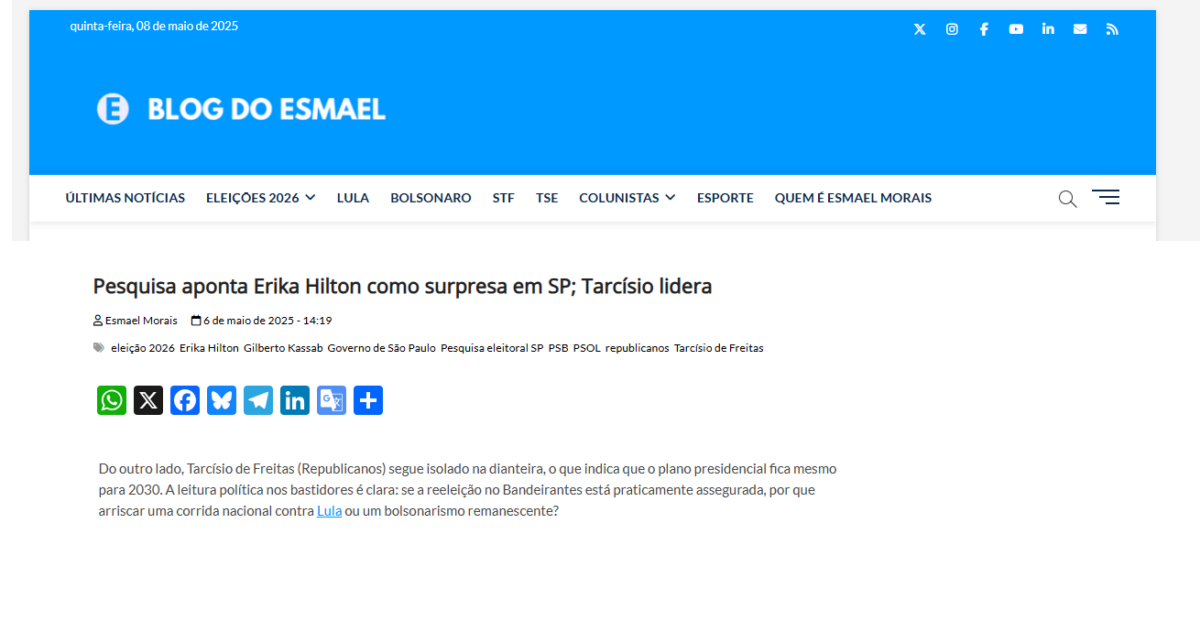 Blog do Esmael cita pesquisa realizada pela Paraná Pesquisas no Estado de São Paulo.