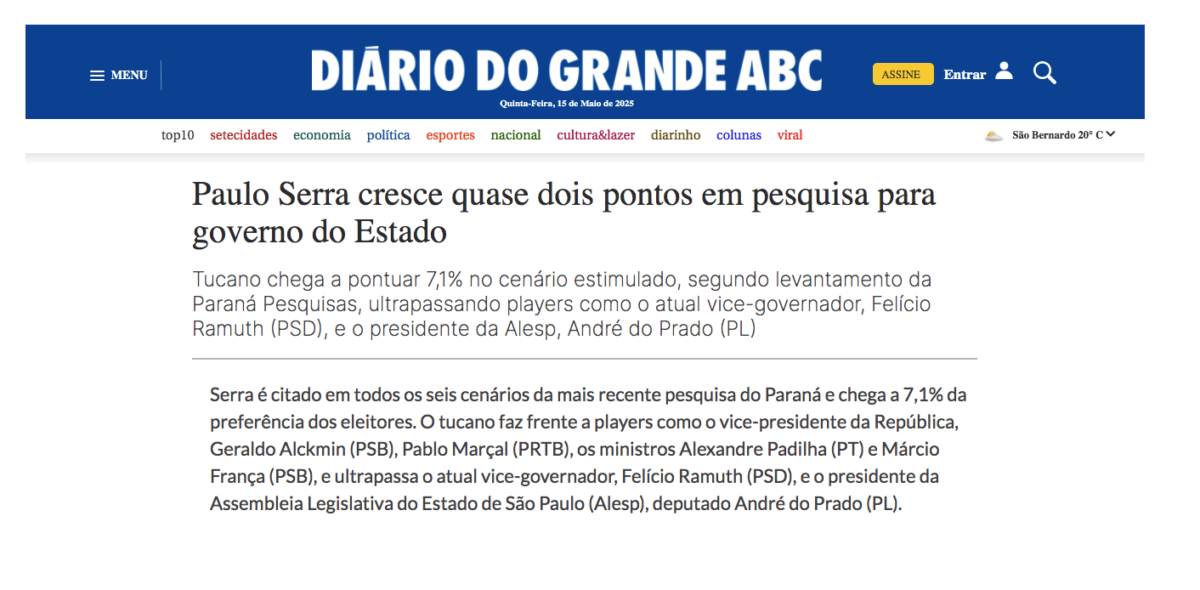Diário do Grande ABC cita pesquisa realizada pela Paraná Pesquisas.