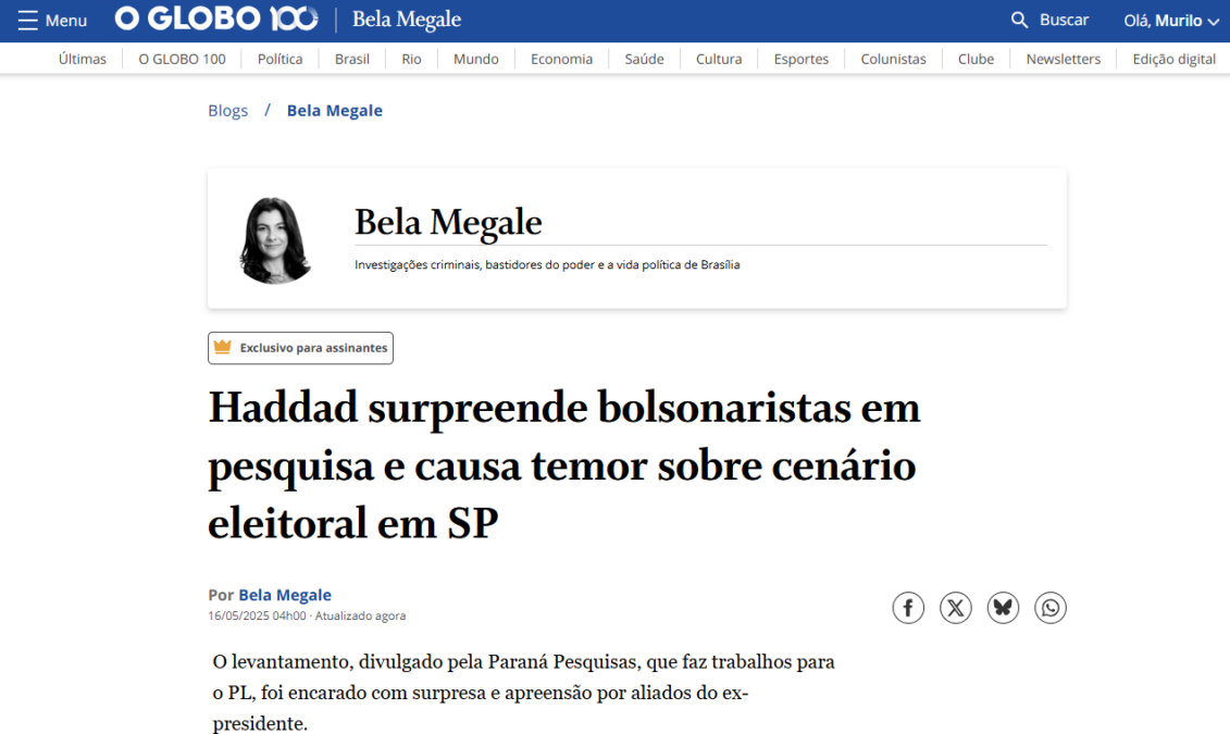 O Globo cita pesquisa realizada pela Paraná Pesquisa no Estado de São Paulo.