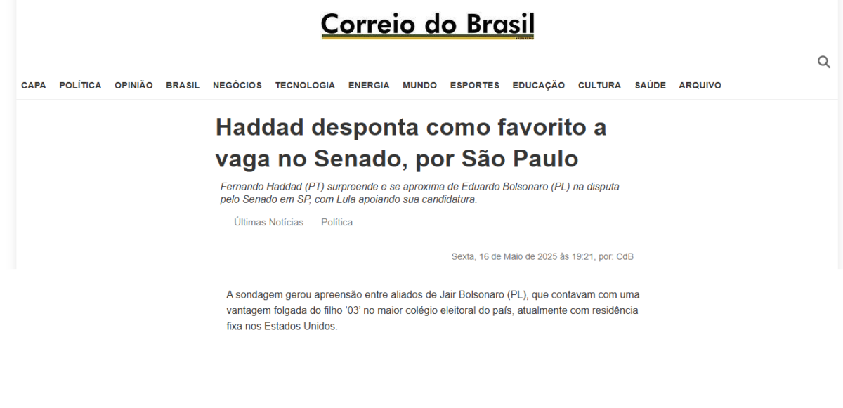 Correio do Brasil cita pesquisa realizada pela Paraná Pesquisas no Estado de São Paulo.