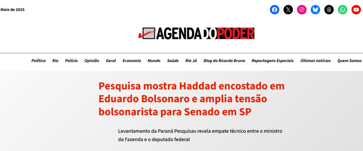 Agenda do Poder cita pesquisa realizada pela Paraná Pesquisas no Estado de São Paulo. 2 Agenda do Poder cita pesquisa realizada pela Paraná Pesquisas no Estado de São Paulo.