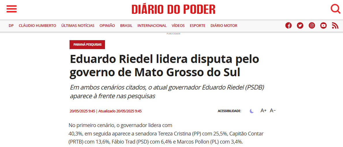 Diário do Poder cita pesquisa realizada pela Paraná Pesquisas no Estado de Mato Grosso do Sul. 2 Diário do Poder cita pesquisa realizada pela Paraná Pesquisas no Estado de Mato Grosso do Sul.