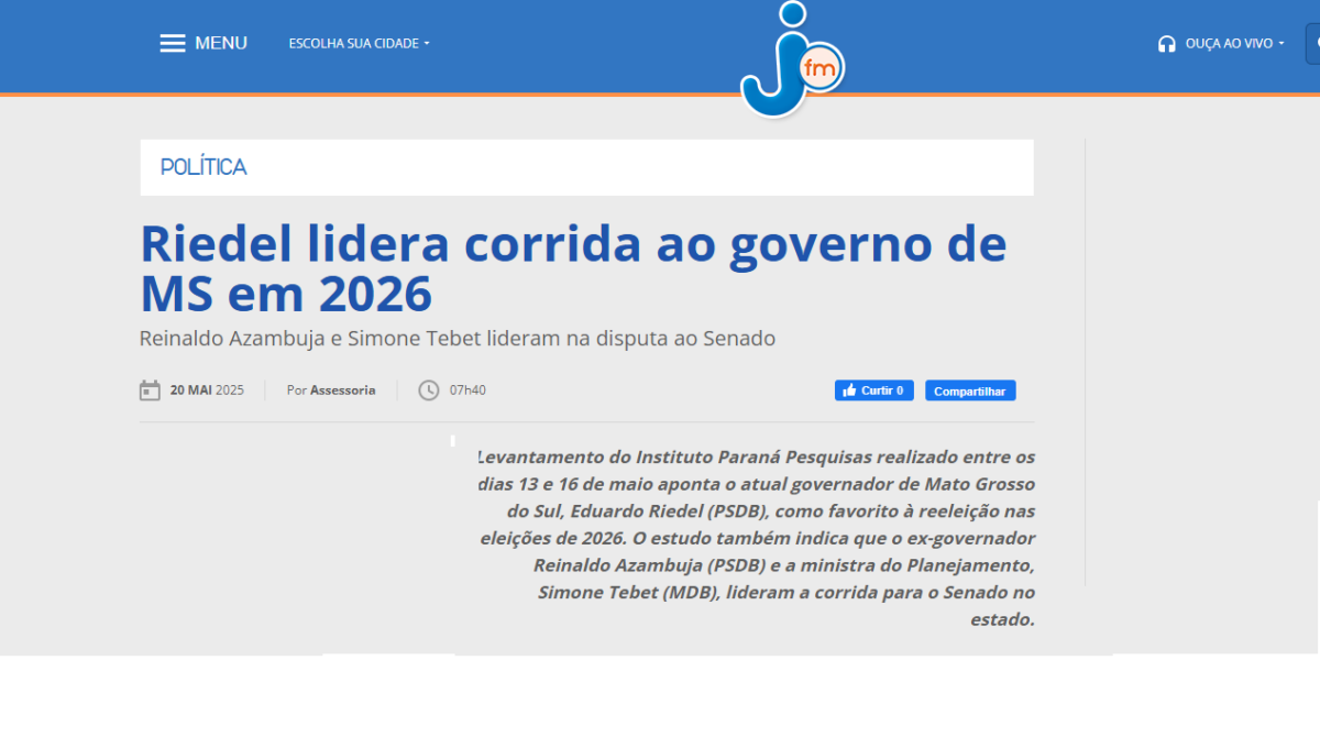 Rádio Jota FM cita pesquisa realizada pela Paraná Pesquisas no Estado de Mato Grosso do Sul. 2 Rádio Jota FM cita pesquisa realizada pela Paraná Pesquisas no Estado de Mato Grosso do Sul.