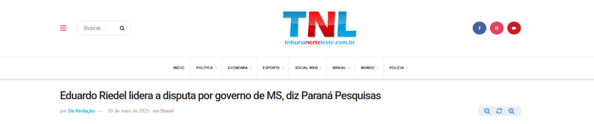 Tribuna Norte Leste cita pesquisa realizada pela Paraná Pesquisas no Estado de Mato Grosso do Sul. 2 Tribuna Norte Leste cita pesquisa realizada pela Paraná Pesquisas no Estado de Mato Grosso do Sul.