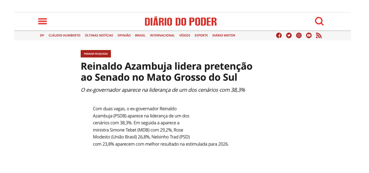 Diário do Poder cita pesquisa realizada pela Paraná Pesquisas no Estado de Mato Grosso do Sul. 2 Diário do Poder cita pesquisa realizada pela Paraná Pesquisas no Estado de Mato Grosso do Sul.