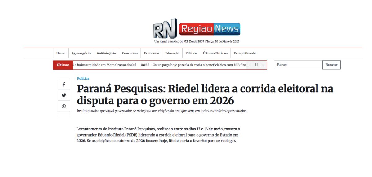 Região News cita pesquisa realizada pela Paraná Pesquisas no Estado de Mato Grosso do Sul.