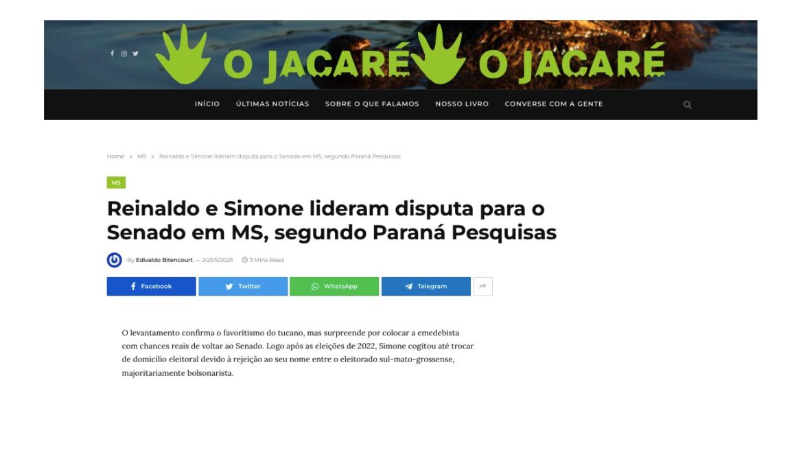 O Jacaré cita pesquisa realizada pela Paraná Pesquisas no Estado de Mato Grosso do Sul.