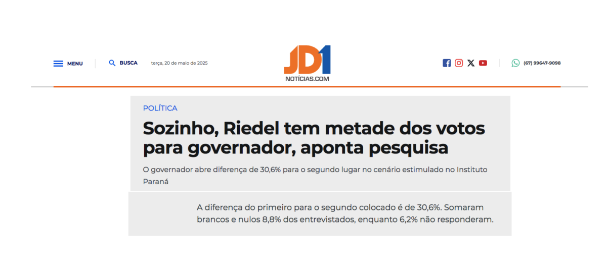 JD1 Notícias cita pesquisa realizada pela Paraná Pesquisas no Estado de Mato Grosso do Sul. 2 JD1 Notícias cita pesquisa realizada pela Paraná Pesquisas no Estado de Mato Grosso do Sul.