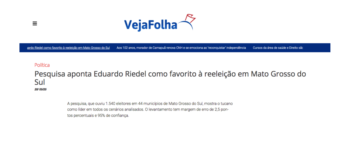 Veja Folha cita pesquisa realizada pela Paraná Pesquisas no Estado de Mato Grosso do Sul.