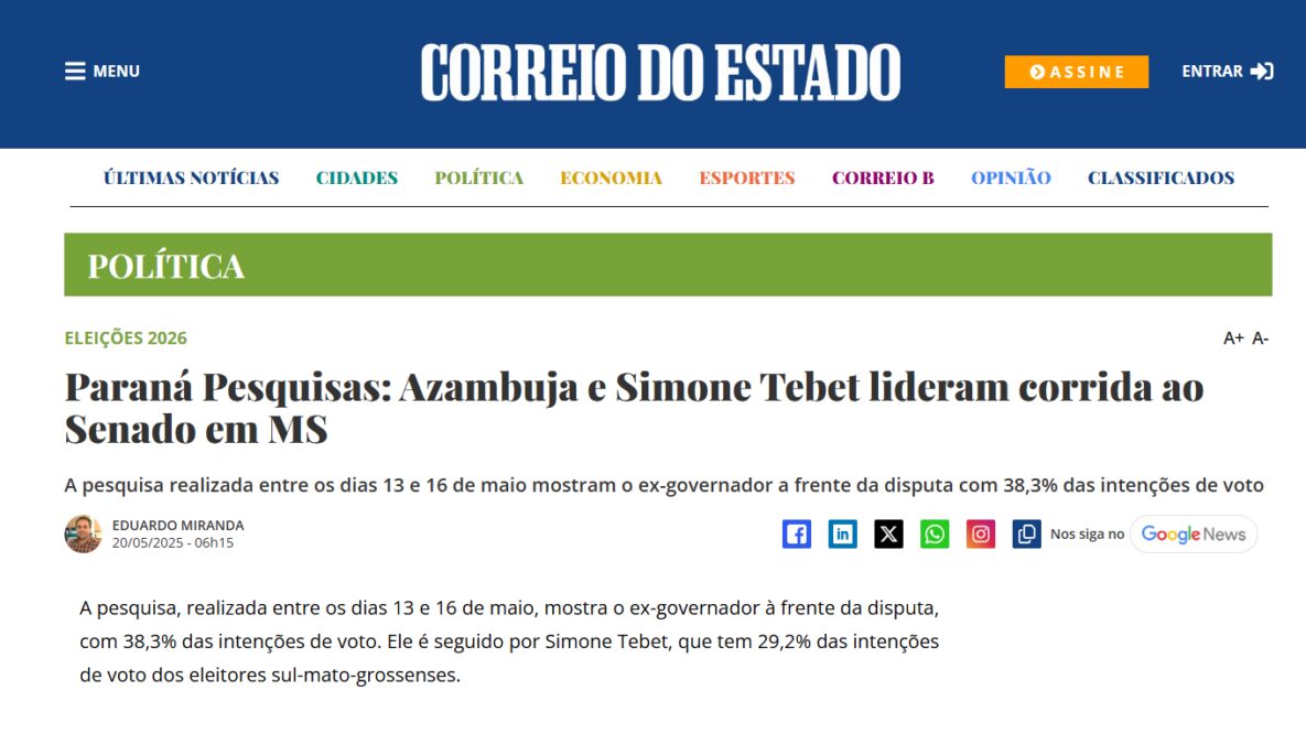 Correio do Estado cita pesquisa realizada pela Paraná Pesquisas no Estado de Mato Grosso do Sul. 2 Correio do Estado cita pesquisa realizada pela Paraná Pesquisas no Estado de Mato Grosso do Sul.