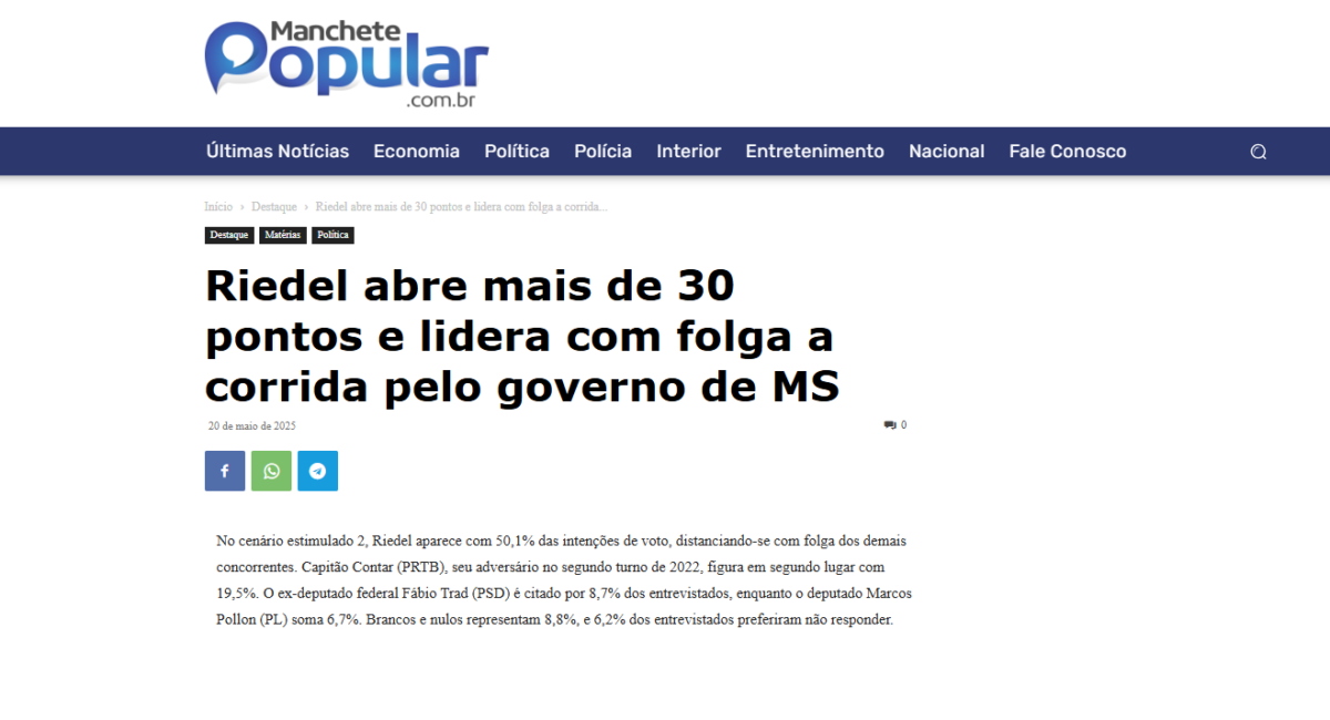 Manchete Popular cita pesquisa realizada pela Paraná Pesquisas no Estado de Mato Grosso do Sul.