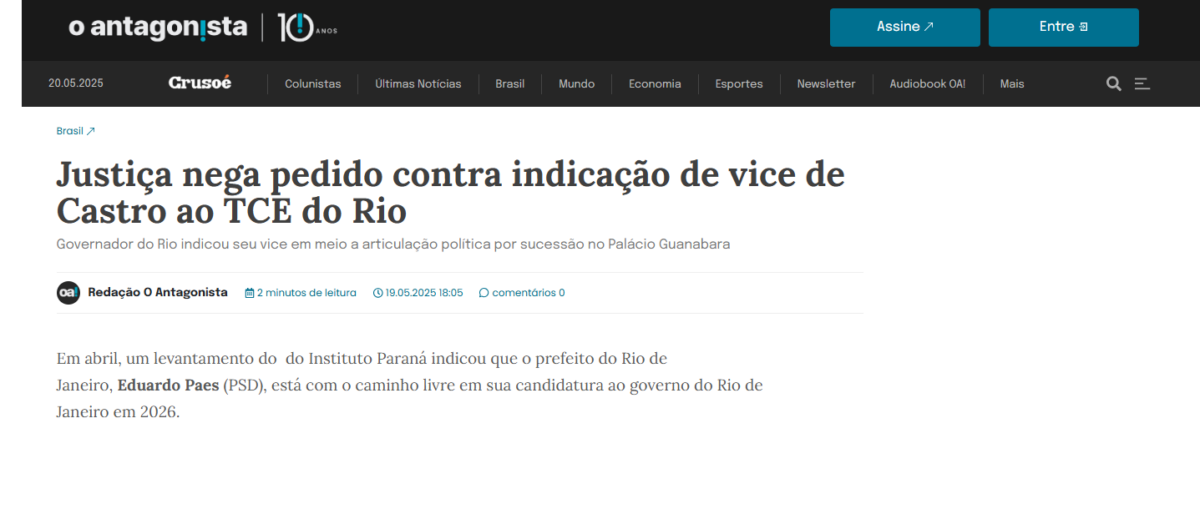 O Antagonista cita pesquisa realizada pela Paraná Pesquisas no Estado do Rio de Janeiro. 2 O Antagonista cita pesquisa realizada pela Paraná Pesquisas no Estado do Rio de Janeiro.