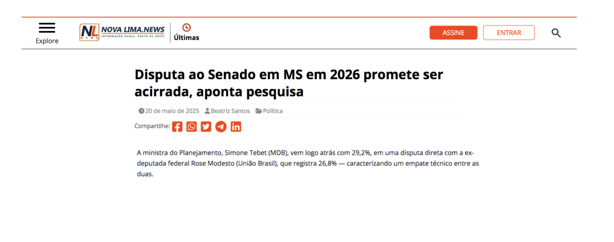 Nova Lima News cita pesquisa realizada pela Paraná Pesquisas no Estado de Mato Grosso do Sul.