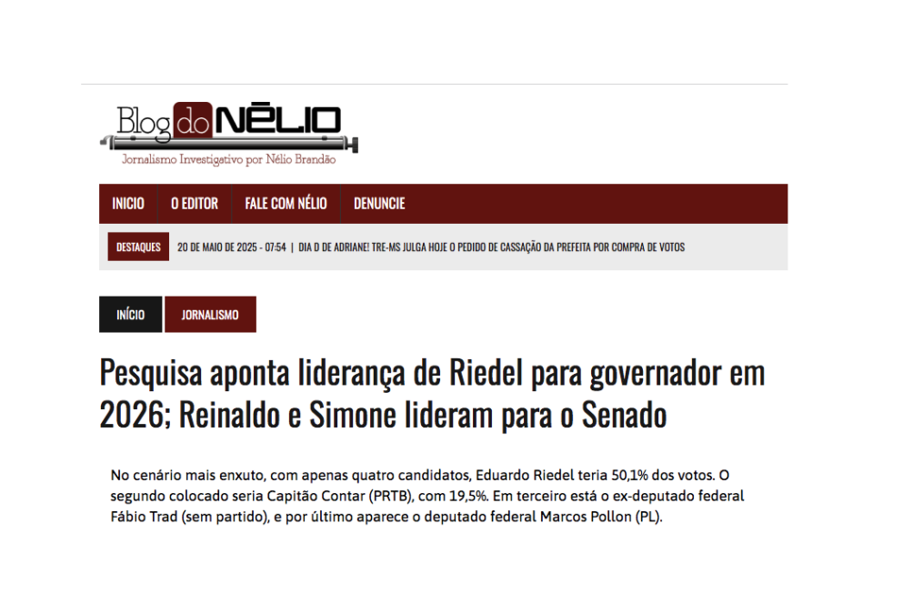 Blog do Nélio cita pesquisa realizada pela Paraná Pesquisas no Estado de Mato Grosso do Sul. 2 Blog do Nélio cita pesquisa realizada pela Paraná Pesquisas no Estado de Mato Grosso do Sul.