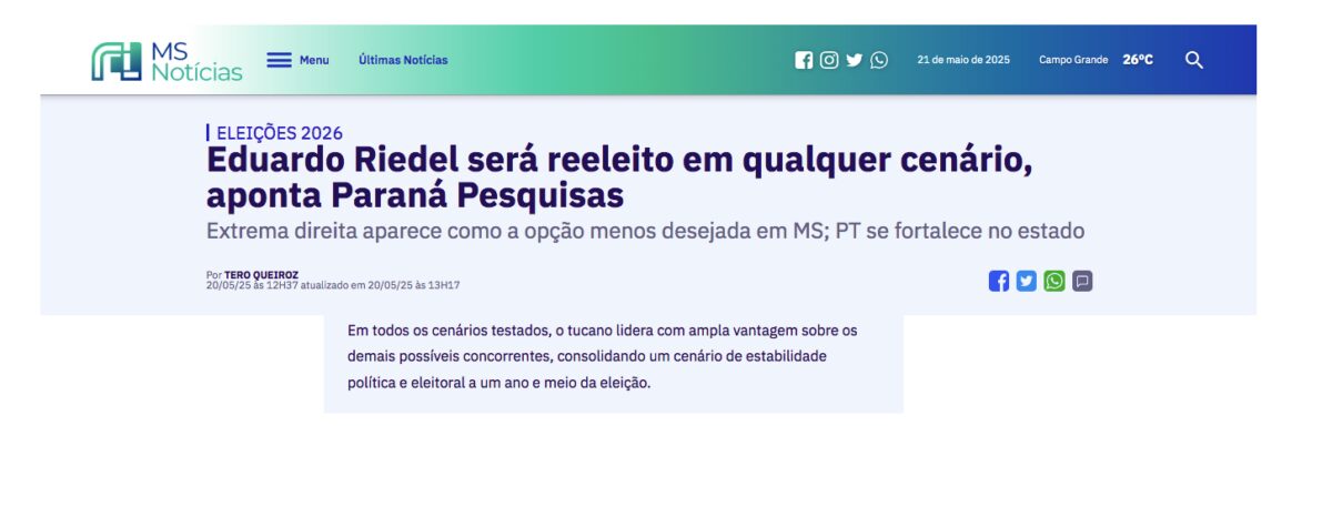 MS Notícias cita pesquisa realizada pela Paraná Pesquisas no Estado de Mato Grosso do Sul.