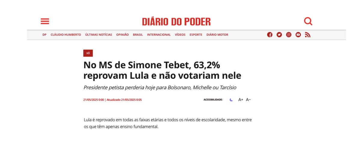 Diário do Poder cita pesquisa realizada pela Paraná Pesquisas no Estado de Mato Grosso do Sul.