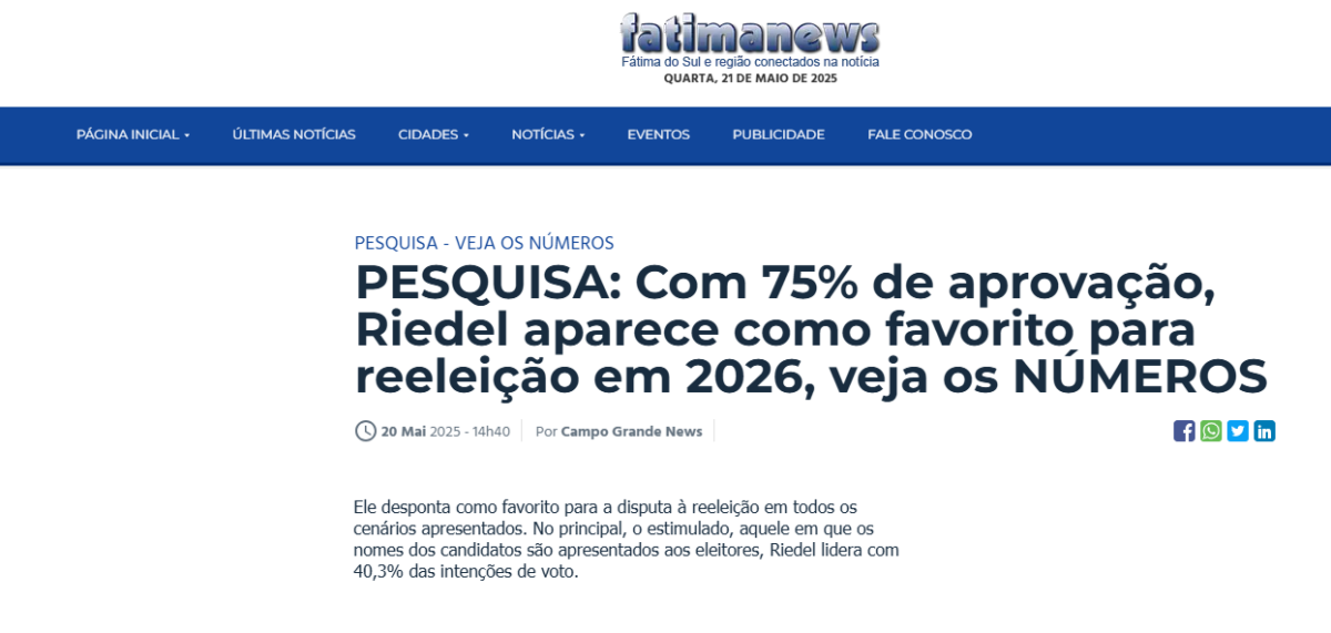 Fátima News cita pesquisa realizada pela Paraná Pesquisas no Estado de Mato Grosso do Sul.