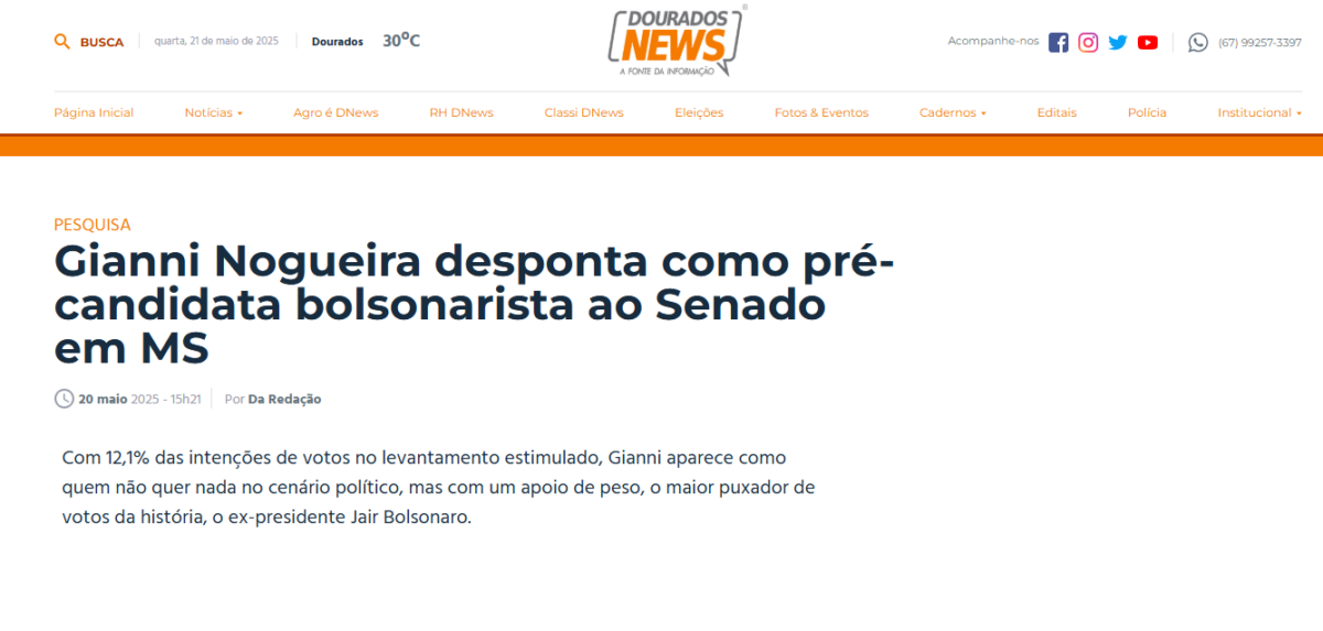 Dourados News cita pesquisa realizada pela Paraná Pesquisas no Estado de Mato Grosso do Sul.