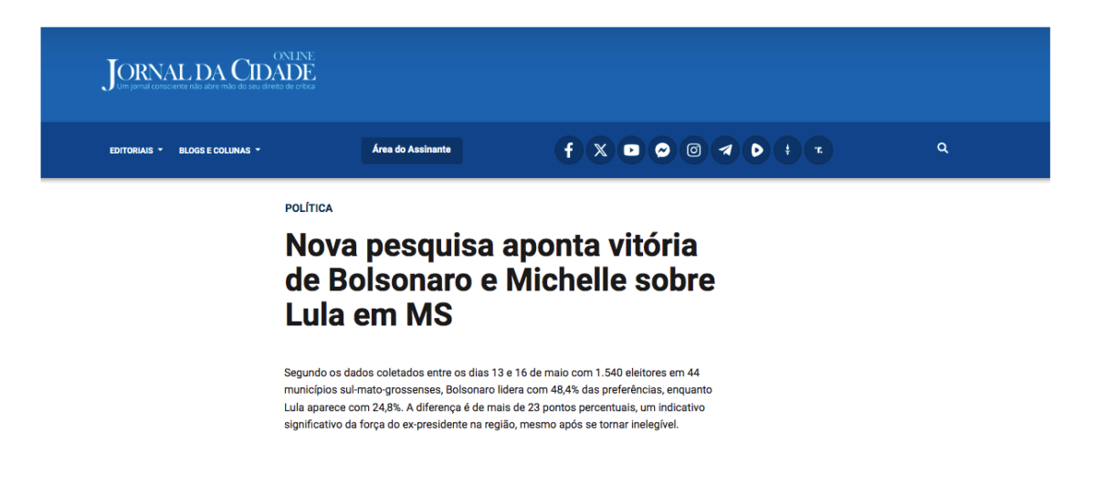 Jornal da Cidade Online cita pesquisa realizada pela Paraná Pesquisas no Estado de Mato Grosso do Sul. 2 Jornal da Cidade Online cita pesquisa realizada pela Paraná Pesquisas no Estado de Mato Grosso do Sul.