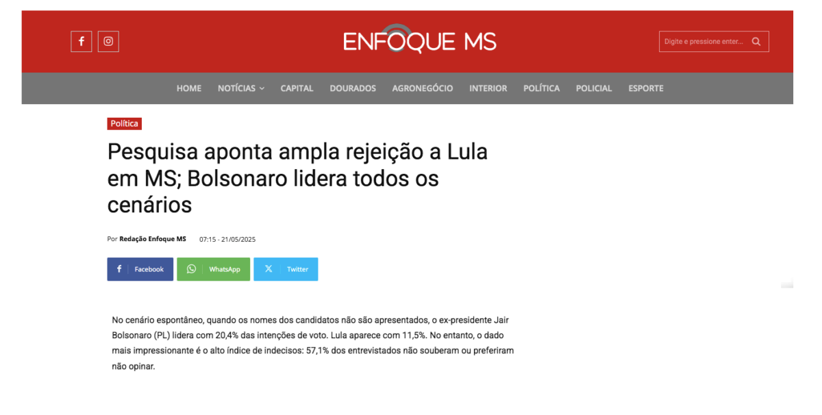 Enfoque MS cita pesquisa realizada pela Paraná Pesquisas no Estado de Mato Grosso do Sul. 2 Enfoque MS cita pesquisa realizada pela Paraná Pesquisas no Estado de Mato Grosso do Sul.