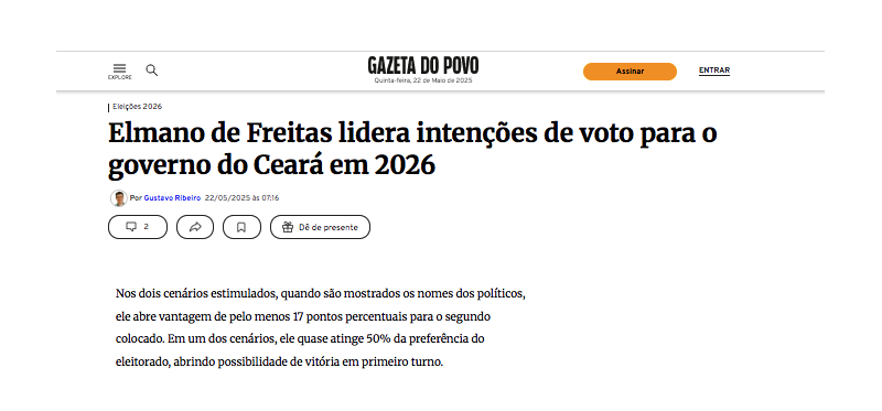 Gazeta do Povo cita pesquisa realizada pela Paraná Pesquisas no Estado do Ceará. 2 Gazeta do Povo cita pesquisa realizada pela Paraná Pesquisas no Estado do Ceará.