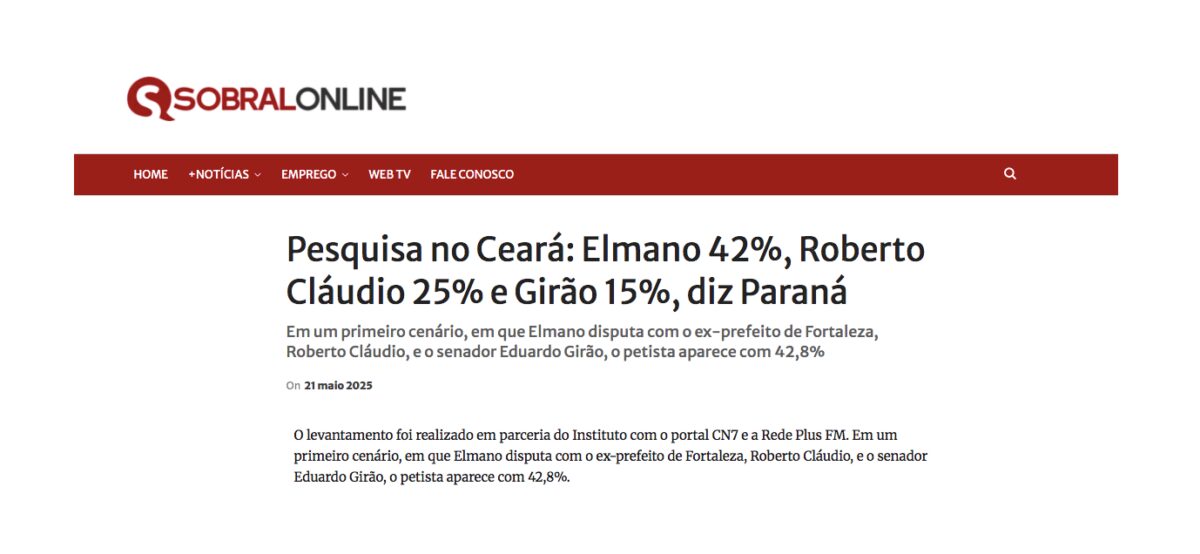 Sobral Online cita pesquisa realizada pela Paraná Pesquisas no Estado do Ceará. 2 Sobral Online cita pesquisa realizada pela Paraná Pesquisas no Estado do Ceará.