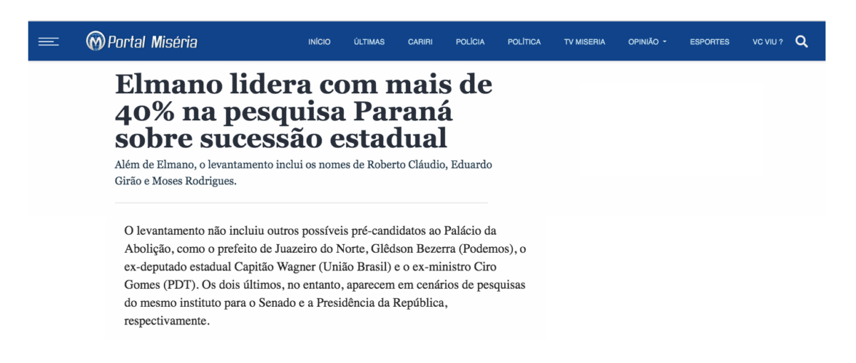 Portal Miséria cita pesquisa realizada pela Paraná Pesquisas no Estado do Ceará. 2 Portal Miséria cita pesquisa realizada pela Paraná Pesquisas no Estado do Ceará.