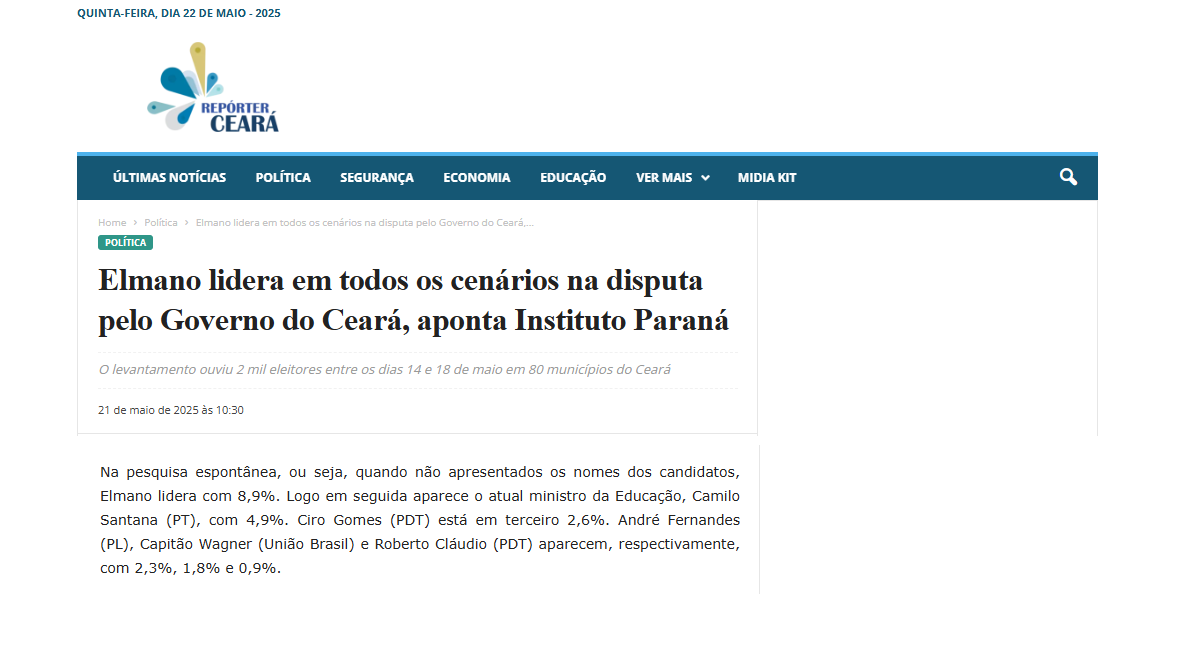 Repórter Ceará cita pesquisa realizada pela Paraná Pesquisas no Estado do Ceará. 2 Repórter Ceará cita pesquisa realizada pela Paraná Pesquisas no Estado do Ceará.
