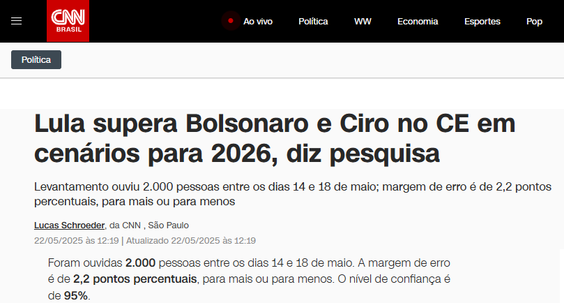 CNN Brasil cita pesquisa realizada pela Paraná Pesquisas no Estado do Ceará. 2 CNN Brasil cita pesquisa realizada pela Paraná Pesquisas no Estado do Ceará.