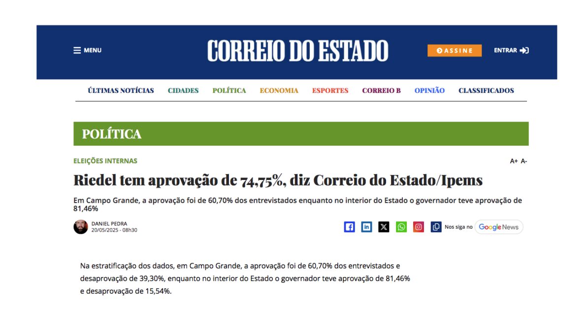 Correio do Estado cita pesquisa realizada pela Paraná Pesquisas no Estado do Mato Grosso do Sul. 2 Correio do Estado cita pesquisa realizada pela Paraná Pesquisas no Estado do Mato Grosso do Sul.