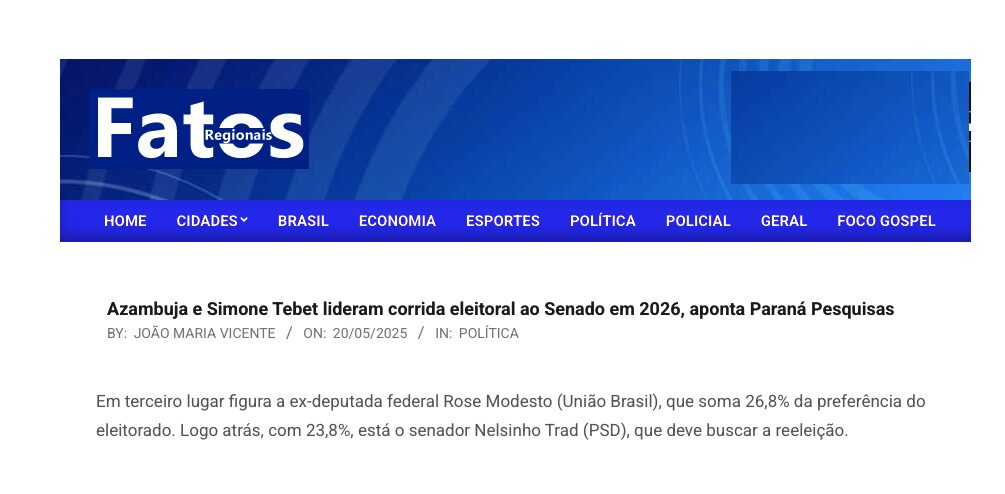 Fatos Regionais cita pesquisa realizada pela Paraná Pesquisas no Estado do Mato Grosso do Sul. 2 Fatos Regionais cita pesquisa realizada pela Paraná Pesquisas no Estado do Mato Grosso do Sul.