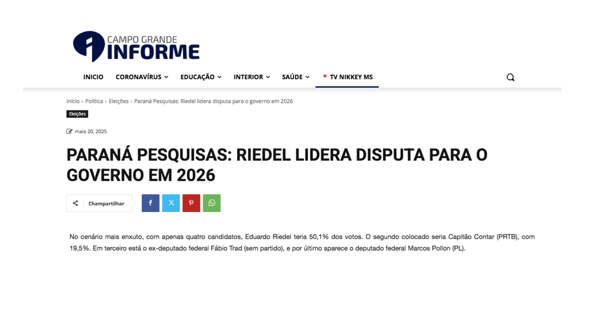 Campo Grande Informe cita pesquisa realizada pela Paraná Pesquisas no Estado do Mato Grosso do Sul. 1 Campo Grande Informe cita pesquisa realizada pela Paraná Pesquisas no Estado do Mato Grosso do Sul.