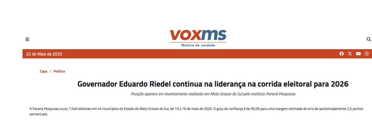 Vox MS cita pesquisa realizada pela Paraná Pesquisas no Estado do Mato Grosso do Sul. 2 Vox MS cita pesquisa realizada pela Paraná Pesquisas no Estado do Mato Grosso do Sul.