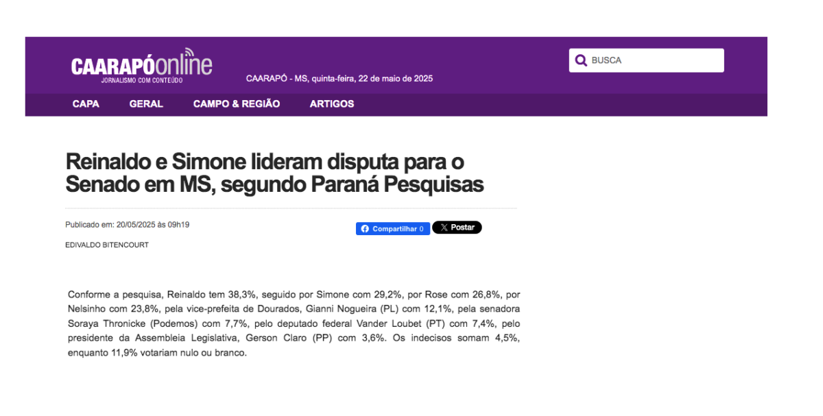 Caarapó Online cita pesquisa realizada pela Paraná Pesquisas no Estado do Mato Grosso do Sul. 2 Caarapó Online cita pesquisa realizada pela Paraná Pesquisas no Estado do Mato Grosso do Sul.