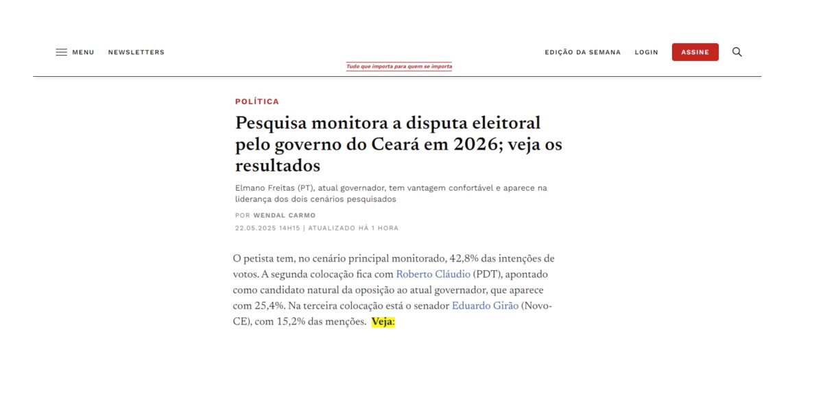 Carta Capital Brasil cita pesquisa realizada pela Paraná Pesquisas no Estado do Ceará. 2 Carta Capital Brasil cita pesquisa realizada pela Paraná Pesquisas no Estado do Ceará.