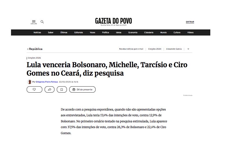 Gazeta do Povo cita pesquisa realizada pela Paraná Pesquisas no Estado do Ceará. 2 Gazeta do Povo cita pesquisa realizada pela Paraná Pesquisas no Estado do Ceará.