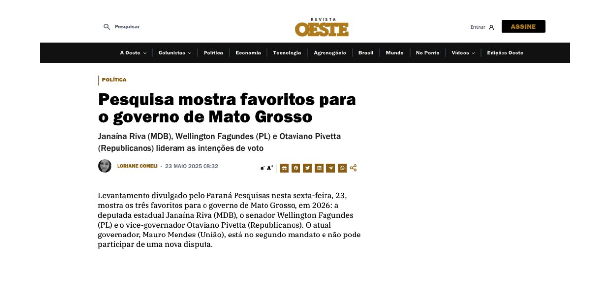 Revista Oeste cita pesquisa realizada pela Paraná Pesquisas no Estado de Mato Grosso.