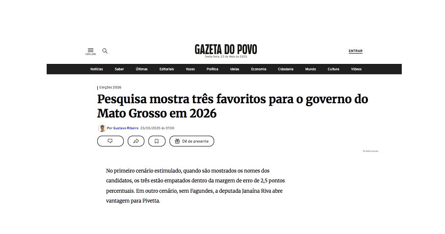 Gazeta do Povo cita pesquisa realizada pela Paraná Pesquisas no Estado de Mato Grosso. 2 Gazeta do Povo cita pesquisa realizada pela Paraná Pesquisas no Estado de Mato Grosso.