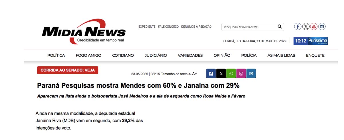 MídiaNews cita pesquisa realizada pela Paraná Pesquisas no Estado de Mato Grosso. 2 MídiaNews cita pesquisa realizada pela Paraná Pesquisas no Estado de Mato Grosso.