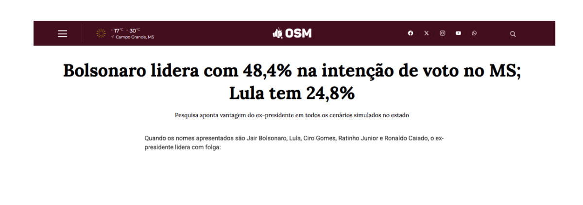O Sul Mato Grossense cita pesquisa realizada pela Paraná Pesquisas no Estado de Mato Grosso.