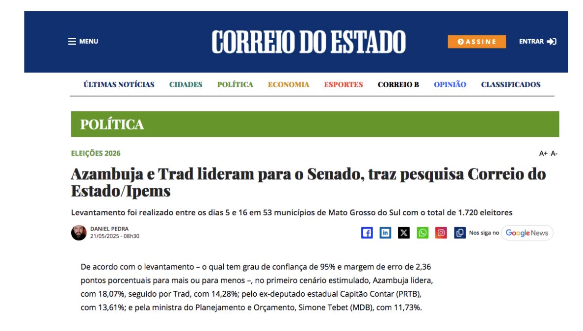 Correio do Estado cita pesquisa realizada pela Paraná Pesquisas no Estado de Mato Grosso.