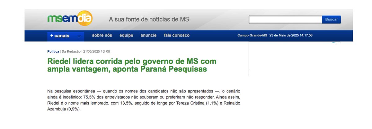 MS em Dia cita pesquisa realizada pela Paraná Pesquisas no Estado de Mato Grosso. 2 MS em Dia cita pesquisa realizada pela Paraná Pesquisas no Estado de Mato Grosso.