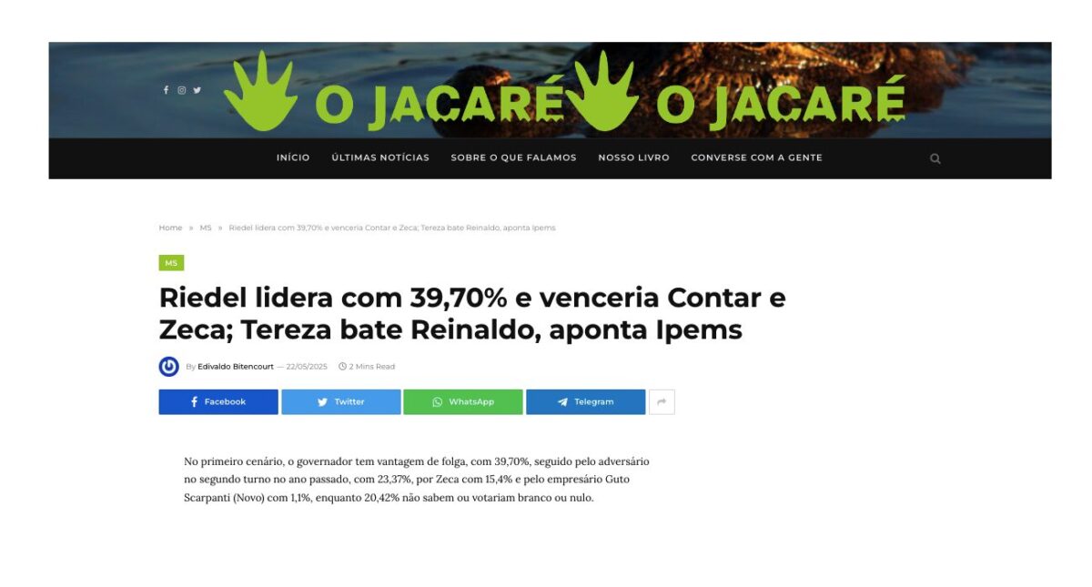 O Jacaré cita pesquisa realizada pela Paraná Pesquisas no Estado de Mato Grosso. 1 O Jacaré cita pesquisa realizada pela Paraná Pesquisas no Estado de Mato Grosso.