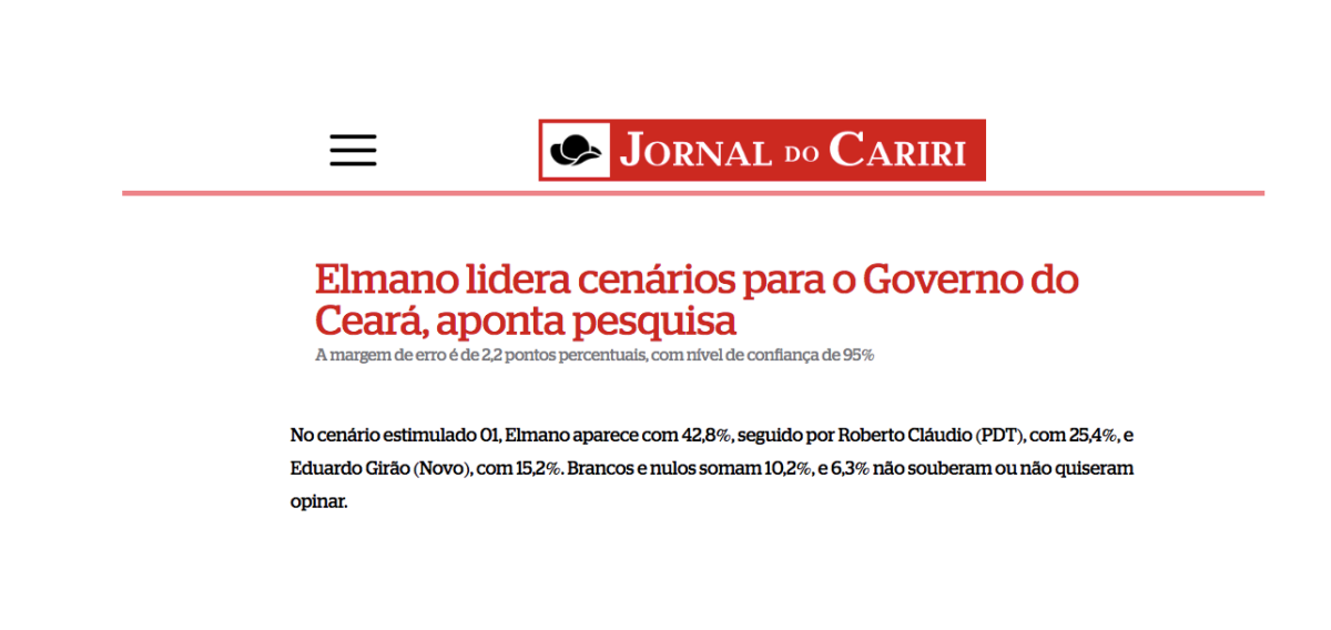 Jornal do Cariri cita pesquisa realizada pela Paraná Pesquisas no Estado de Mato Grosso. 2 Jornal do Cariri cita pesquisa realizada pela Paraná Pesquisas no Estado de Mato Grosso.