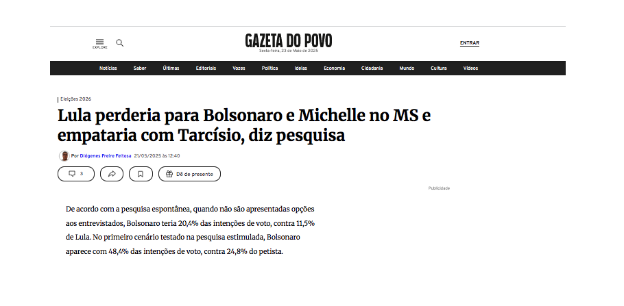 Gazeta do Povo cita pesquisa realizada pela Paraná Pesquisas no Estado de Mato Grosso. 1 Gazeta do Povo cita pesquisa realizada pela Paraná Pesquisas no Estado de Mato Grosso.