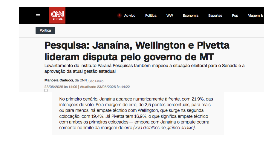 CNN cita pesquisa realizada pela Paraná Pesquisas no Estado de Mato Grosso. 2 CNN cita pesquisa realizada pela Paraná Pesquisas no Estado de Mato Grosso.