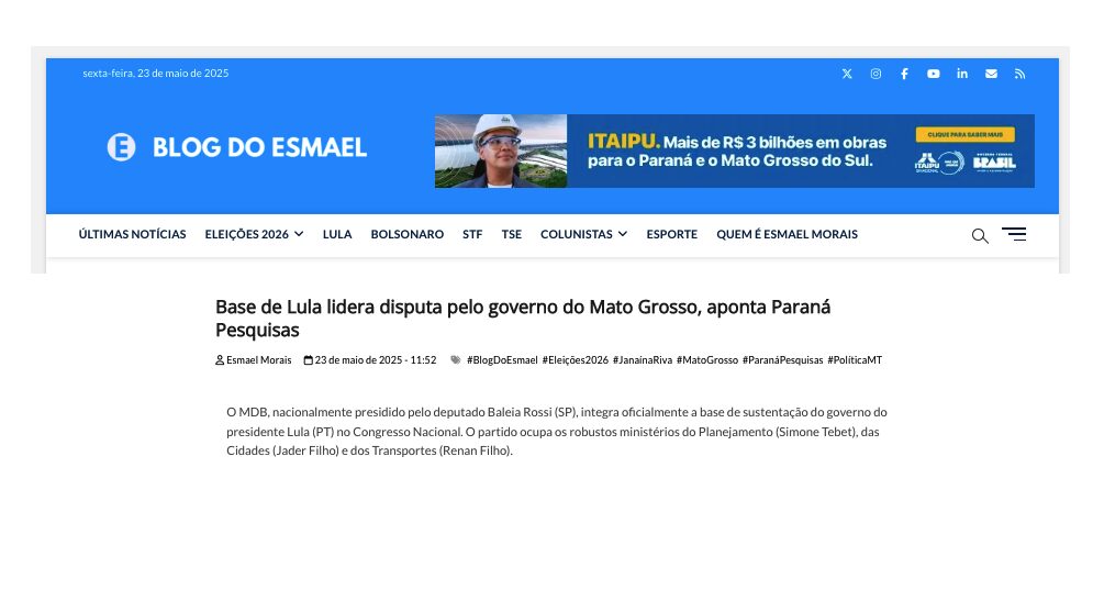 Blog do Esmael cita pesquisa realizada pela Paraná Pesquisas no Estado de Mato Grosso. 2 Blog do Esmael cita pesquisa realizada pela Paraná Pesquisas no Estado de Mato Grosso.