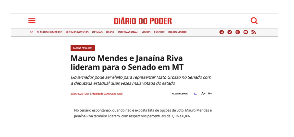 Diário do Poder cita pesquisa realizada pela Paraná Pesquisas no Estado de Mato Grosso. 2 Diário do Poder cita pesquisa realizada pela Paraná Pesquisas no Estado de Mato Grosso.