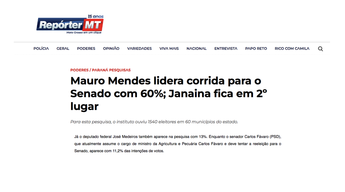 Reporter MT cita pesquisa realizada pela Paraná Pesquisas no Estado de Mato Grosso. 2 Reporter MT cita pesquisa realizada pela Paraná Pesquisas no Estado de Mato Grosso.